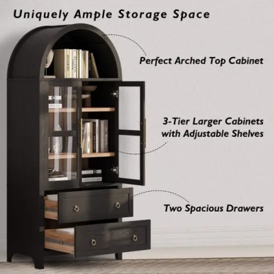 ORRD 71" Black Arched Pantry Cabinet with 2 Drawers & Glass Door, Adjustable Shelves, Farmhouse Kitchen Storage for Dining Room image {3}