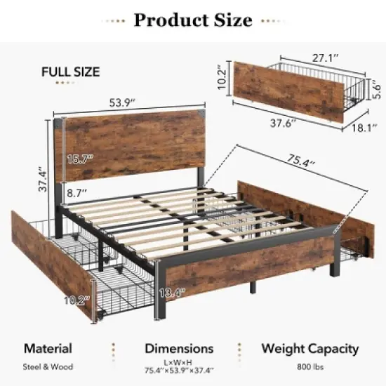 Bed Frame with 4 Storage Drawers, Metal Platform Bed with Wooden Headboard, Noise Free, No Box Spring Needed, Easy Assembly, Vintage Brown image {1}