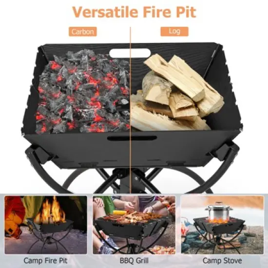 Tangkula Camping Fire Pit w/Cooking Grills Portable Campfire Grill w/ Carrying Bag & Gloves 3-In-1 Stainless Steel Wood Burning Coffee/Silver image {3}