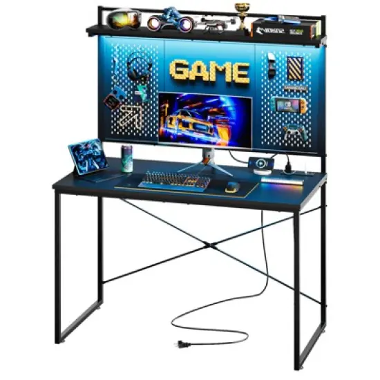 Bestier Gaming Desk with Power Outlets & LED Light, 39.3'' Computer Desk Office Table with Storage Shelves Pegboard image {7}