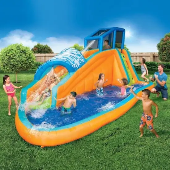 Banzai Surf Rider Kids Inflatable Outdoor Backyard Aqua Lagoon Water Slide Splash Park with Climbing Wall, Tunnel Slide, and Splash Pool image {1}