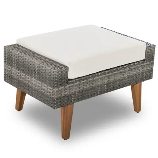 FIONECA 6-Piece All-Weather PE Wicker Outdoor Sofa Set with Double Cushions, Wood Legs & Tabletop, Beige and Gray Rattan Patio Furniture image {13}