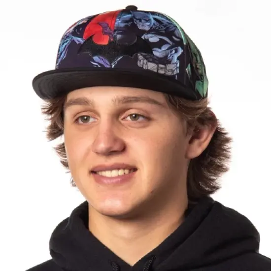 DC Comics Batman Snapback Hat Allover Sublimated Scenes Design Flat Bill Adjustable Baseball Cap OSFM Multicolored image {1}