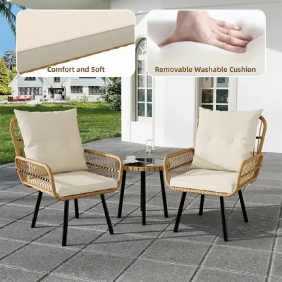3-Piece Wicker Patio Set, Rattan Chairs w/Cushions and Glass Table - All-Weather for Poolside/Garden/Backyard, Beige image {2}