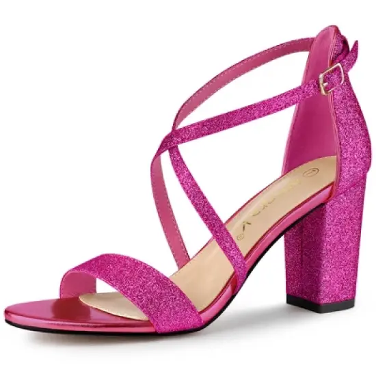 Allegra K Women's Glitter Crisscross Strap Block Heels Sandals image {15}