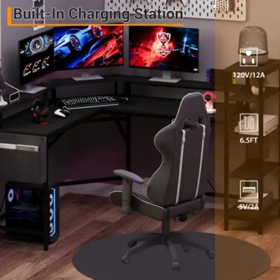 61 Inch L Shaped Home Office Gaming Desk with Outlets - Built-in LED Lights & 5-Shelf System image {5}