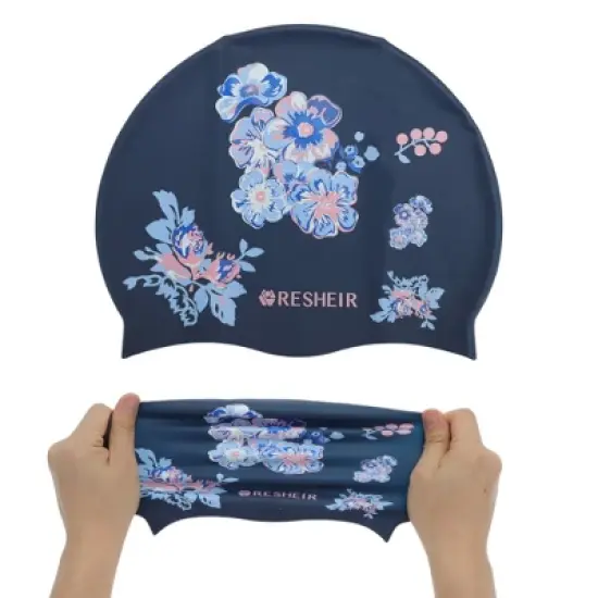 Unique Bargains Silicone Waterproof Flower Print Swim Cap Blue 1 Pc image {4}