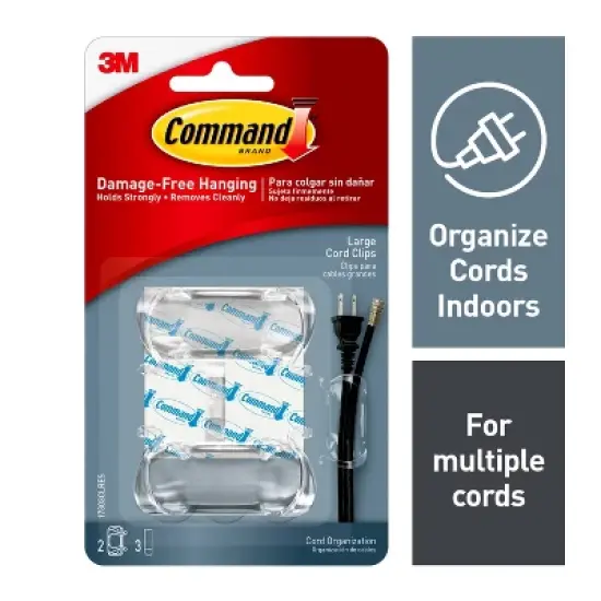 Command Clear Large Cord Clips: Adhesive Hooks for Cable Management, Cord Holder, Extension Cord Clips, 2 Pack image {1}