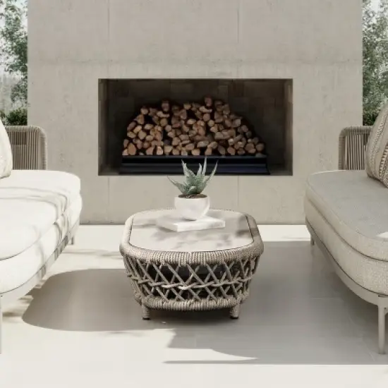 Jennifer Taylor Home Everly 43.5" Oval Woven Patio Coffee Table, Light Beige Olefin image {6}