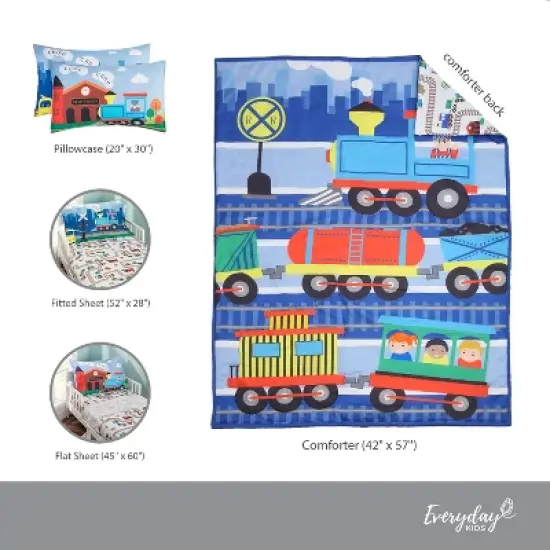 EVERYDAY KIDS 4 Piece Toddler Bedding Set -Choo Choo Train- Includes Comforter, Flat Sheet, Fitted Sheet and Reversible Pillowcase image {10}