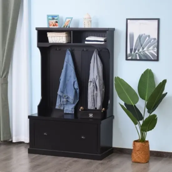 HOMCOM Hall Tree for Entryway, Coat Rack Shoe Bench with Bottom Storage, 4 Metal Double Hooks and 2 Shelves for Hallway, Living Room, Black image {2}