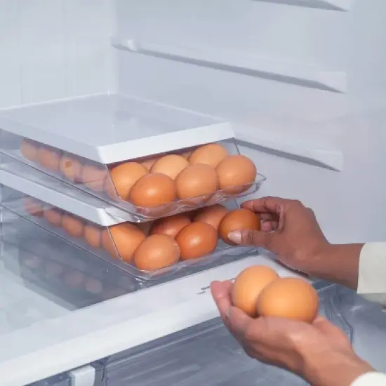 OU Egg Holder for Fridge, BPA Free Rolling Egg Organizer for Refrigerator Organization, Clear Stackable Container for Kitchen Organizers and Storage image {5}