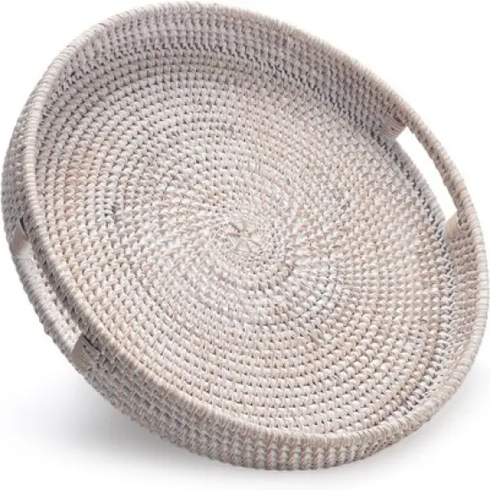 BRINJOY 13.8" Round Woven Tray with Handles - White Washed Rattan Coffee Table Decor, Serving Tray for Food & Decor image {5}