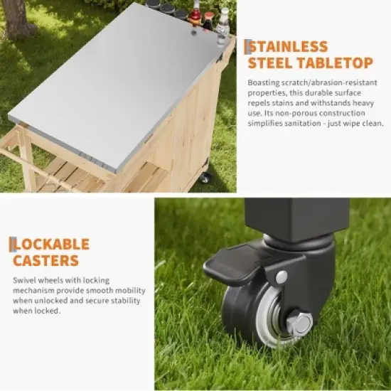 Solid Wood Outdoor Grill Cart Storage Cabinet with Stainless Steel Table Top and Spice Rack, Patio Bar Table with Lockable Wheels, Natural image {6}
