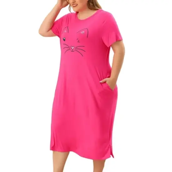 Agnes Orinda Womens Plus Size Short Sleeve Cute Cat Print Pockets Nightgown image {18}