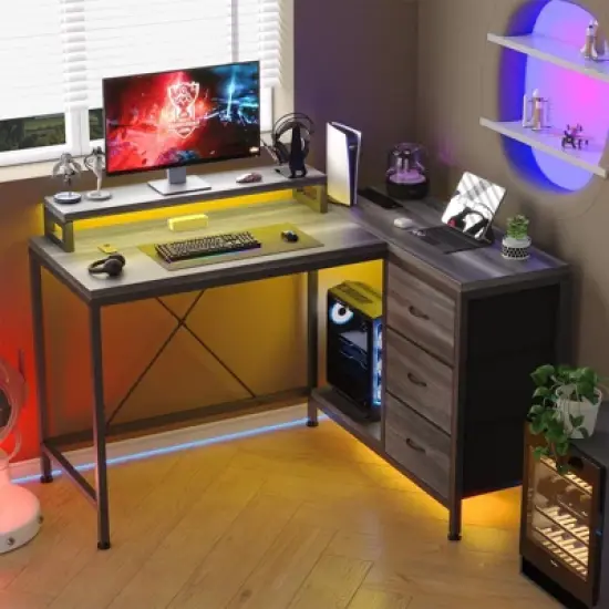 L Shaped Home Office Desk, Storage Shelves Gaming Computer Desk with Drawers & Shelves for Home Office image {8}