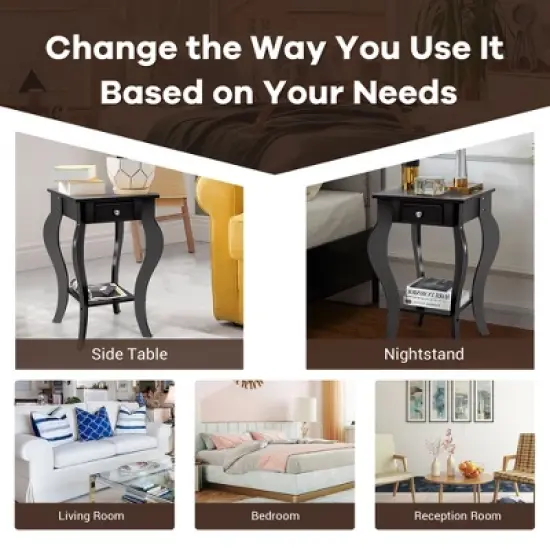 Costway 2PCS End Table Accent Side Table Nightstand w/ Drawer & Bottom Shelf image {7}
