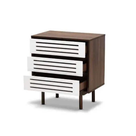 3 Drawer Meike Two-Tone Wood Nightstand Walnut/White - Baxton Studio image {1}
