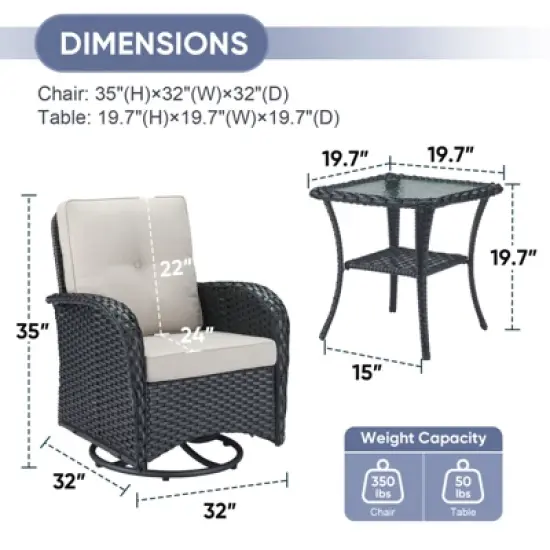 POCASSY Black Wicker Patio Furniture Set Outdoor Swivel Rocker Patio Glider Chairs Set of 2 with Side Table for Porch Balcony in Beige Cushion image {7}