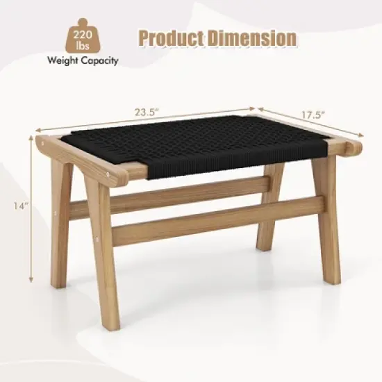 Tangkula Teak Ottoman Footstool w/ Handwoven Cordage for Patio Porch Balcony Lawn image {8}