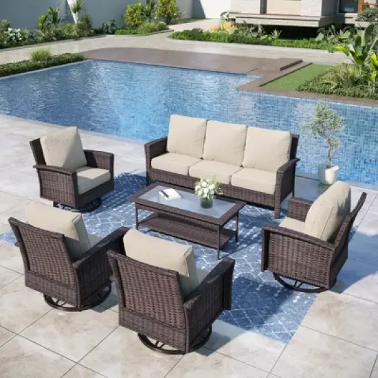 Captiva Designs 6pc Oversized Patio Outdoor Wicker Furniture Conversation Sofa Set with Coffee Table for Garden Yard Porch image {9}
