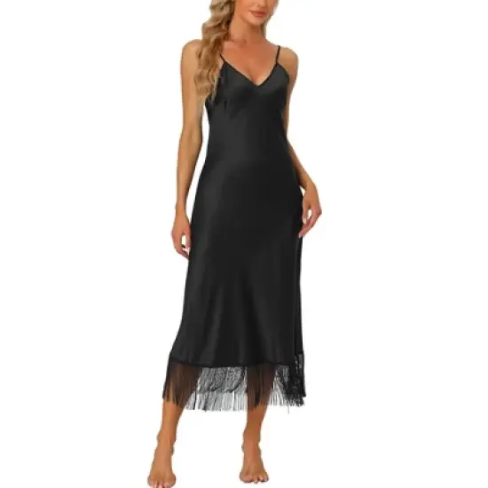 cheibear Women's Satin Nightgown Lounge Sleepwear Cami Dress with Tassel Pajama Dress image {7}