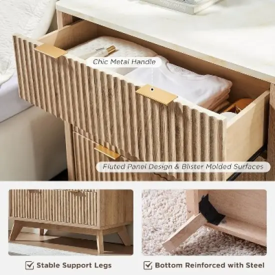 32" Tall Fluted Nightstand, Modern Side Table with Faux Marble Top, 3 Drawers End Table w/Storage, Bedside Table for Bedroom, Living Room image {5}