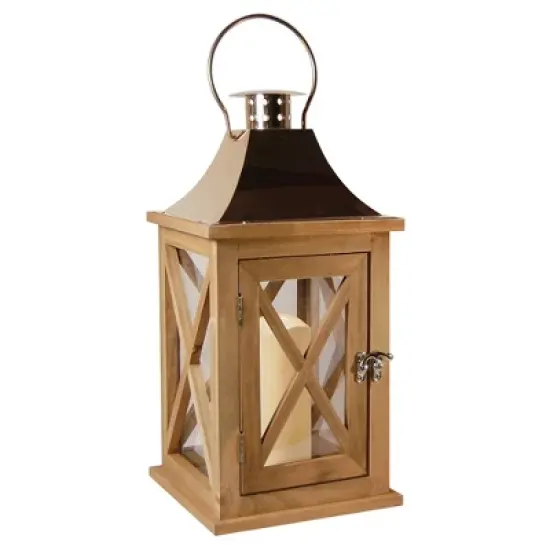 LumaBase Wooden Lantern with Battery Operated Candle - Natural with Copper Roof image {6}
