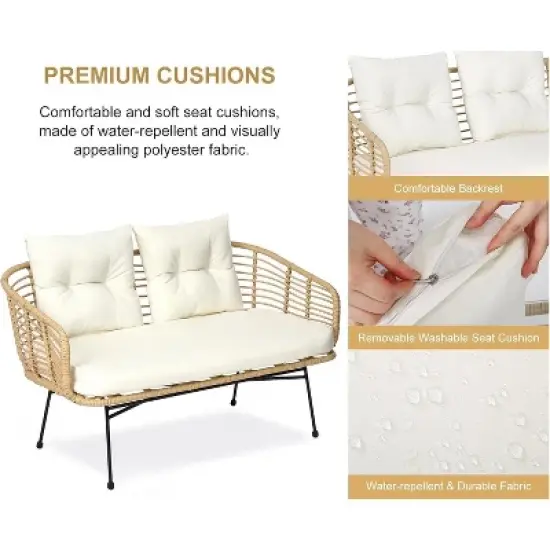 4-Piece Outdoor Patio Furniture Set with Boho Rope Wicker Sofa, Loveseat & Glass Table, All-Weather Couch for Garden, Backyard, Porch image {3}