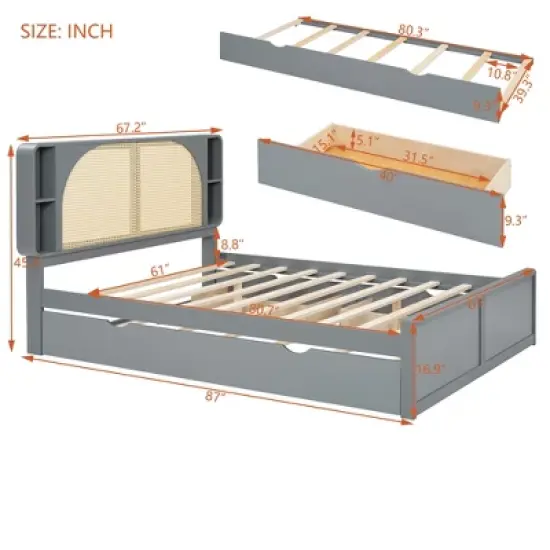 Queen Size Bed Frame with Trundle, Wood Platform Bed with Rattan Headboard & 2 Drawers, Wooden Slats Support, No Box Spring Required image {3}