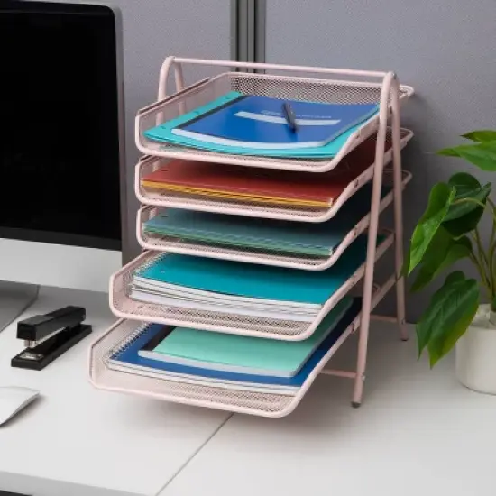 Mind Reader 5-Tier Paper Tray, Desktop Organizer, File Storage, Office, Metal Mesh, 11.75"L x 14"W x 14.5"H, Pink image {2}