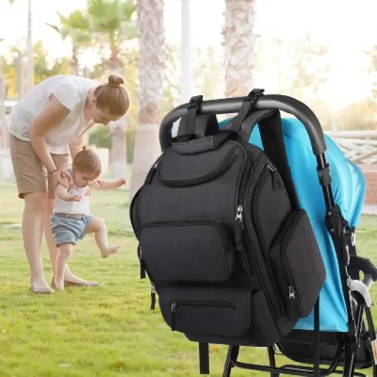 Itopfox Multifunctional Diaper Backpack with Insulated Pockets, Water Resistant Baby Bag for Men & Women, Stroller Straps, Black image {8}