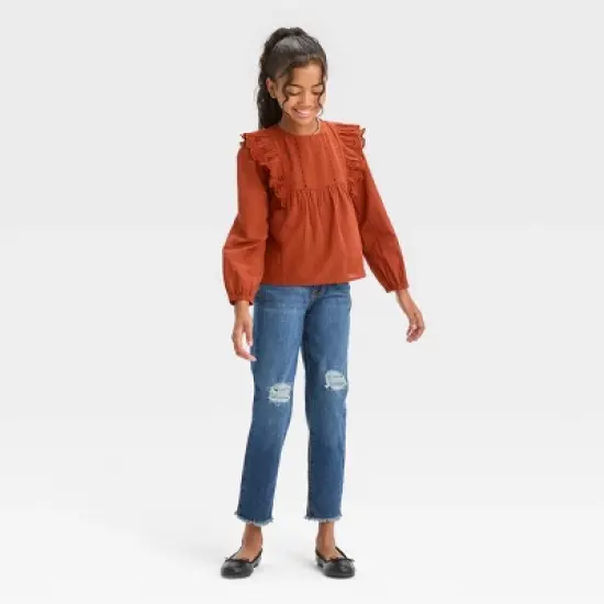 Girls' Long Sleeve Woven Ruffle Shirt - Cat & Jack&trade; Chestnut Orange image {2}