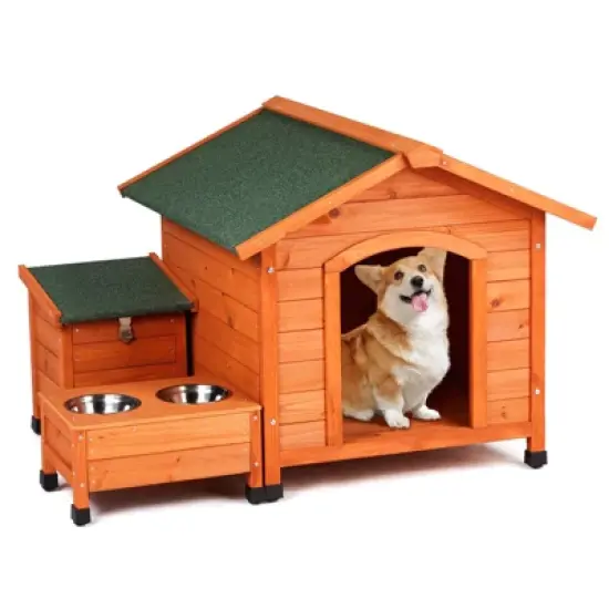 phiestina Wooden Feral Dog House, 32"x34.5"x29.5", with Food Bowl & Storage Bucket for Indoor/Outdoor Use image {15}