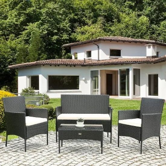 Tangkula Rattan Patio Conversation Set Cushioned Sofa with Coffee Table image {2}