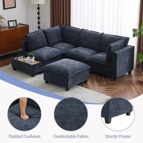 Whisen 90" U-shaped Sectional Sofa Modular Sofa Couch with a Movable Ottoman , a Coffee Table with Hidden Charging Devices image {3}