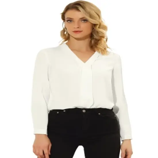 Allegra K Women's Elegant Triple Pleat Long Sleeve V-Neck Chiffon Office Blouse Top image {5}
