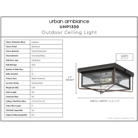 Urban Ambiance Luxury Vintage Outdoor Ceiling Light 5.5''H x 11.5''W,  Olde Bronze Finish,  Longmont Collection, UHP1330 image {3}