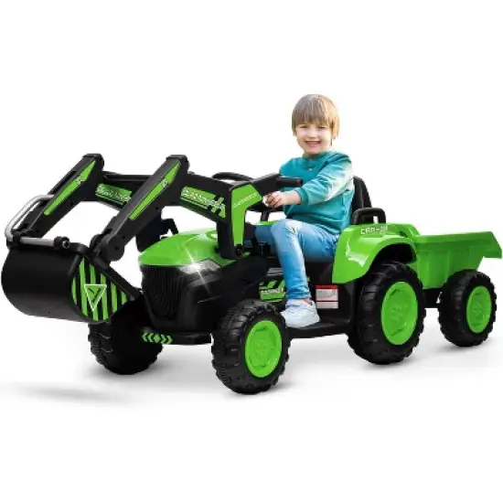 12V 3 in 1 Kids Ride on Excavator & Tractor with Detachable Trailer, Kids Electric Vehicles with Remote Control, LED Lights, Music image {9}