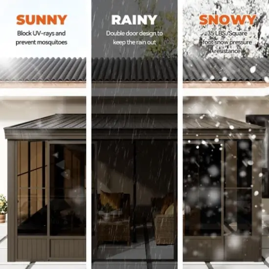 Mondawe 12x14 ft. Wall Mounted All-Season Permanent Outdoor Patio Gazebo Sunroom with Side Door and Detachable Windows image {10}