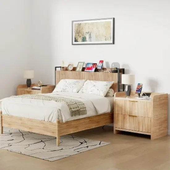 Boersma Twin Size Fluted Headboard with Outlets, Wall Mount Wood Headboard with Storage, Height Adjustable, Storage Rack, Sturdy and Stable image {2}