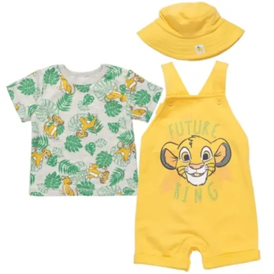 Disney Lion King Simba Timon Pumbaa Baby French Terry Short Overalls T-Shirt and Hat 3 Piece Outfit Set Newborn to Infant image {9}