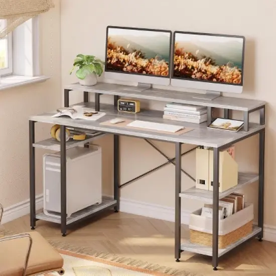 Bestier 55'' Computer Desks with Reversible Bookshelf, Standing Writing Desk for Home Office/Studying/Gaming image {13}