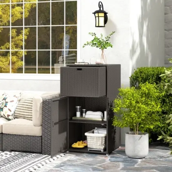 Outsunny Towel Rack & Pool Storage Cabinet / Hot Tub Accessory Storage, Waterproof PE Rattan Cabinet & Drawer for Indoor, Outdoor Swimming Pool, Brown image {2}