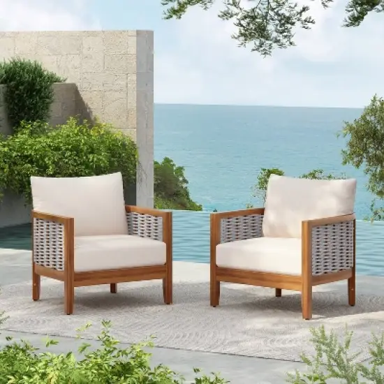 Christopher Knight Home Liliana Modern Patio Acacia Wood Woven Rope Armchair with Thick Cushions image {10}