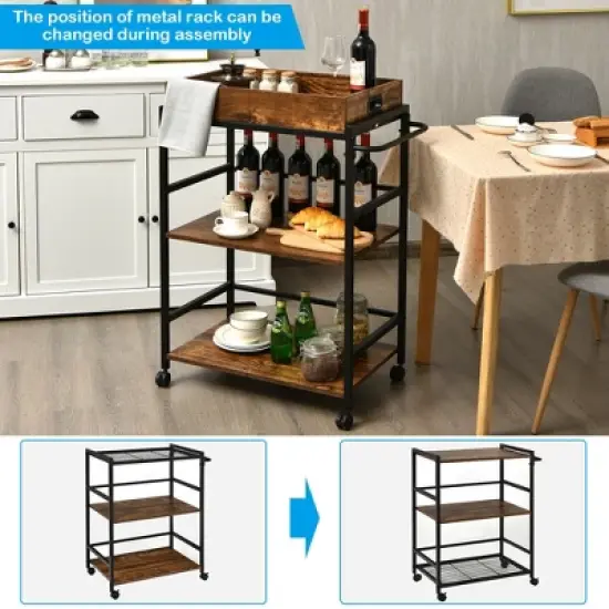 Costway 3-Tier Rolling Bar Cart Kitchen Serving Cart w/ Removable Tray & Handle image {4}