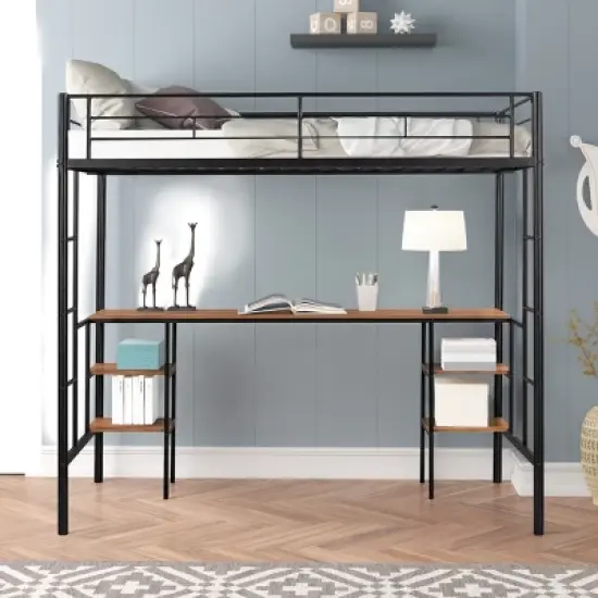 Metal Twin Size Low Loft Bed With Storage Shelf And Table, Black - ModernLuxe image {1}