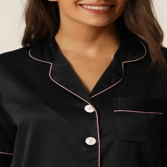 cheibear Womens Satin Summer Button Down Short Sleeve Tops with Pants Silky Lounge Pajama Sets image {3}