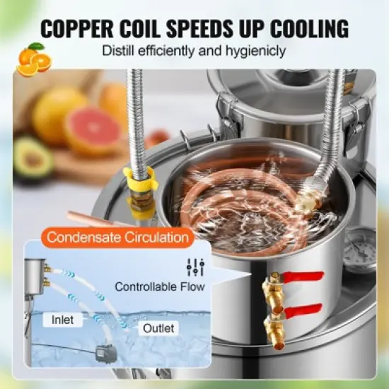 VEVOR Alcohol Still, 13.2 Gal / 50 L Stainless Steel Water Alcohol Distiller with Copper Coil for Fast Cooling, Dual Condenser Distiller Kit, Silver image {5}