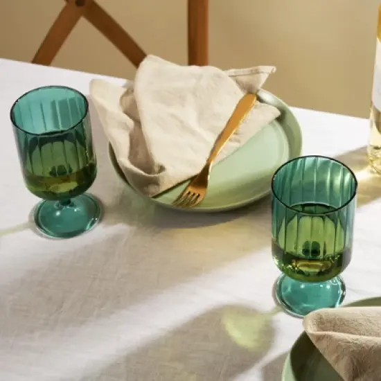Twine Malachite Stemmed Optic Goblet Tumblers, Vintage Ribbed Drinking Glasses for Cocktails, Wine, Juice, Iced Coffee, 12 oz, Set of 2, Green image {3}